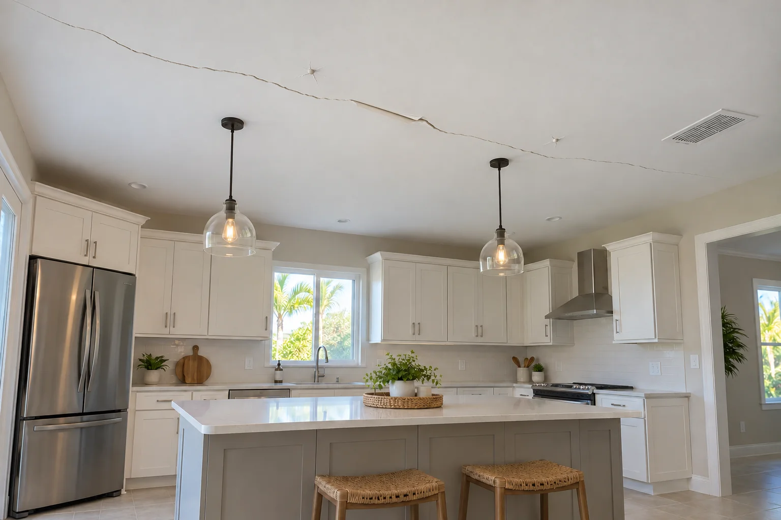 Cracked kitchen ceiling with a lifted tape seam above pendant lights.