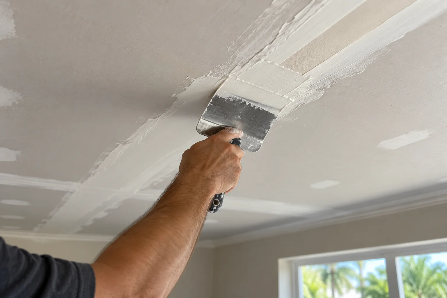 Paper tape and compound being applied along a ceiling seam.