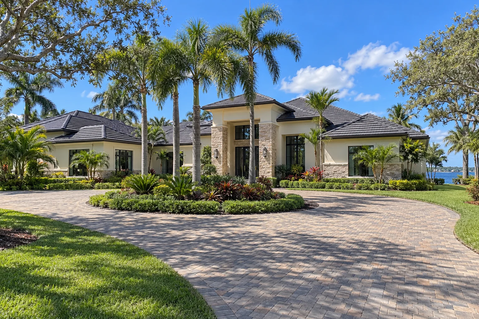 Large cream stucco home with stone accents, a dark tile roof, and a circular drive.