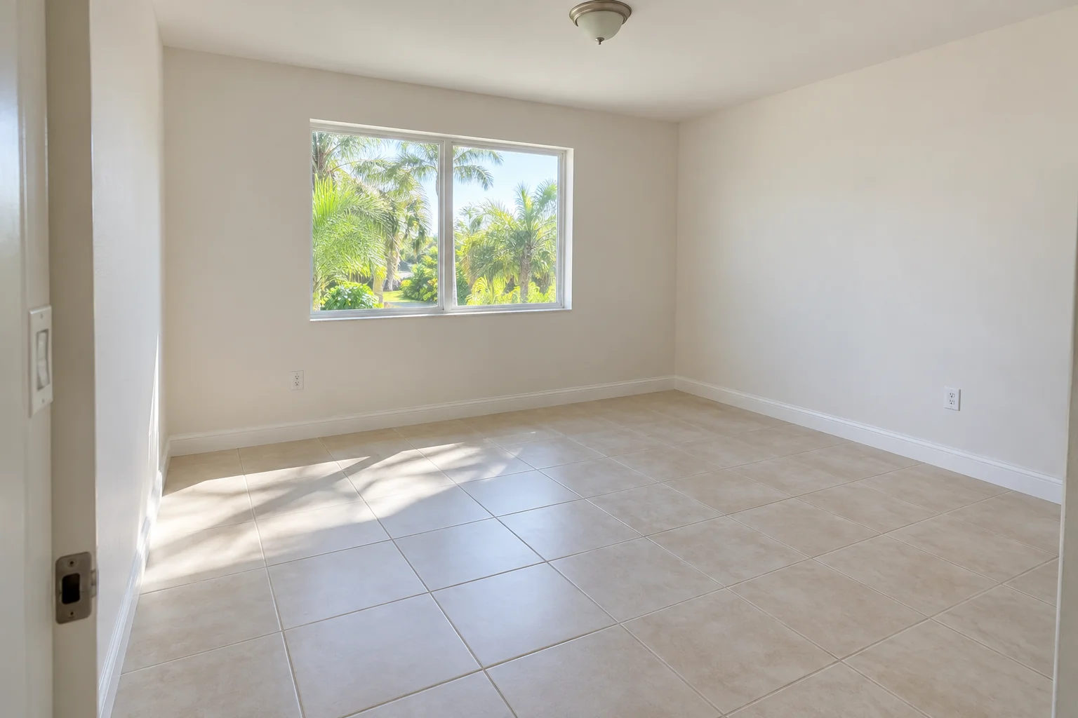 Finished painted bonus room with smooth walls and a window.