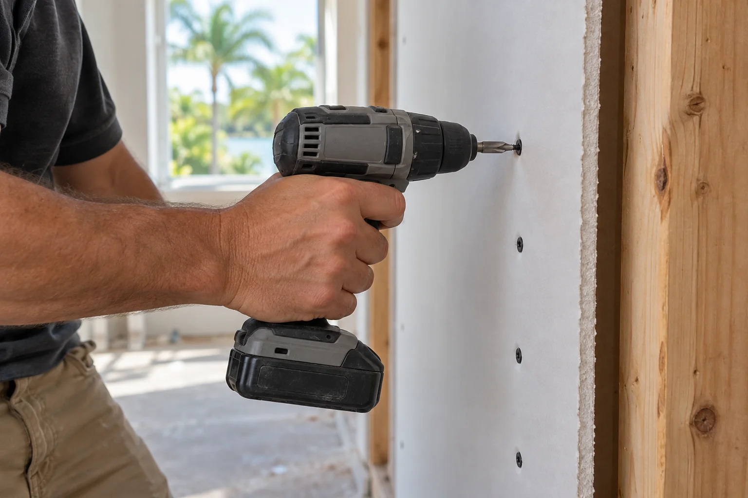 Drill driving a drywall screw into a sheet at a stud.