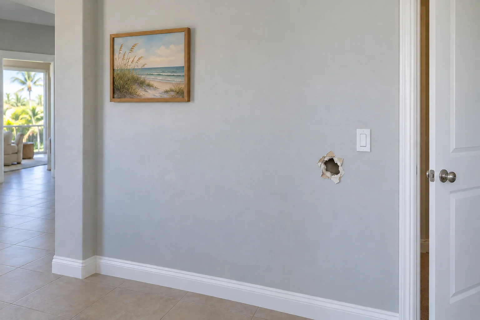 Hallway wall with a hole and torn drywall paper beside a light switch.