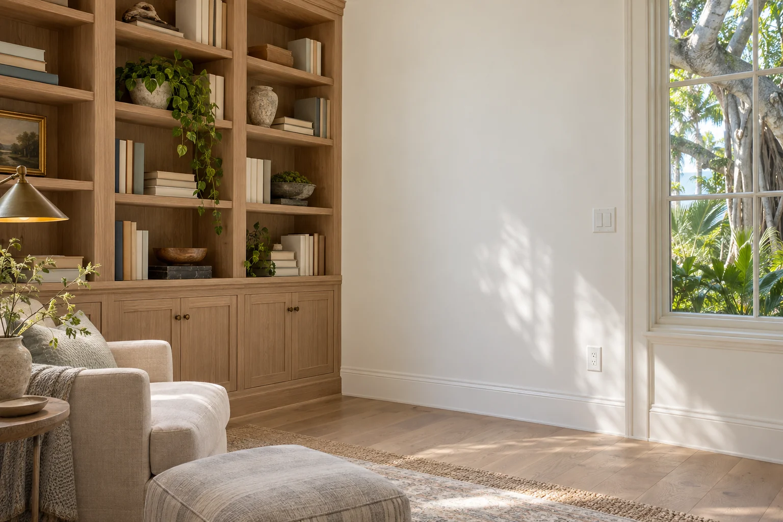Smooth library wall beside built-in shelves.