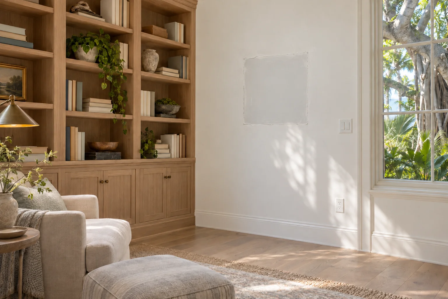 Library wall with a visible square patch beside built-in shelves.