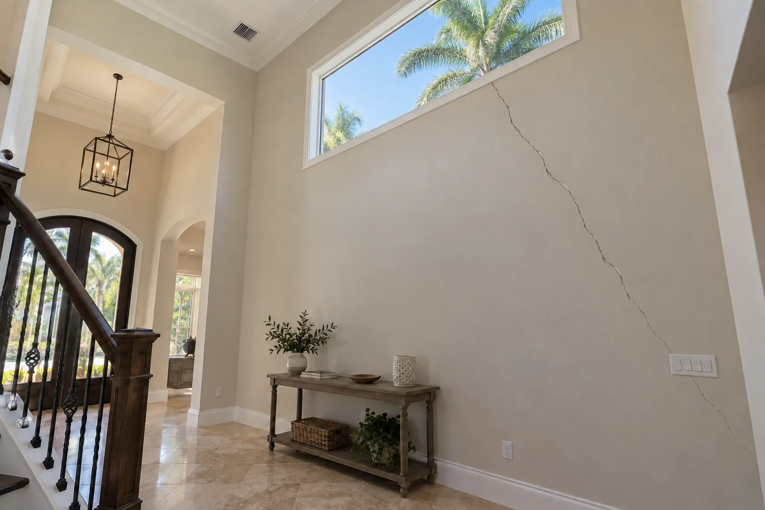 Tall foyer wall with a diagonal crack below a high window.
