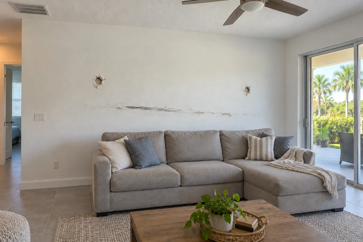 Great room wall behind a sofa with two holes and a gouge.