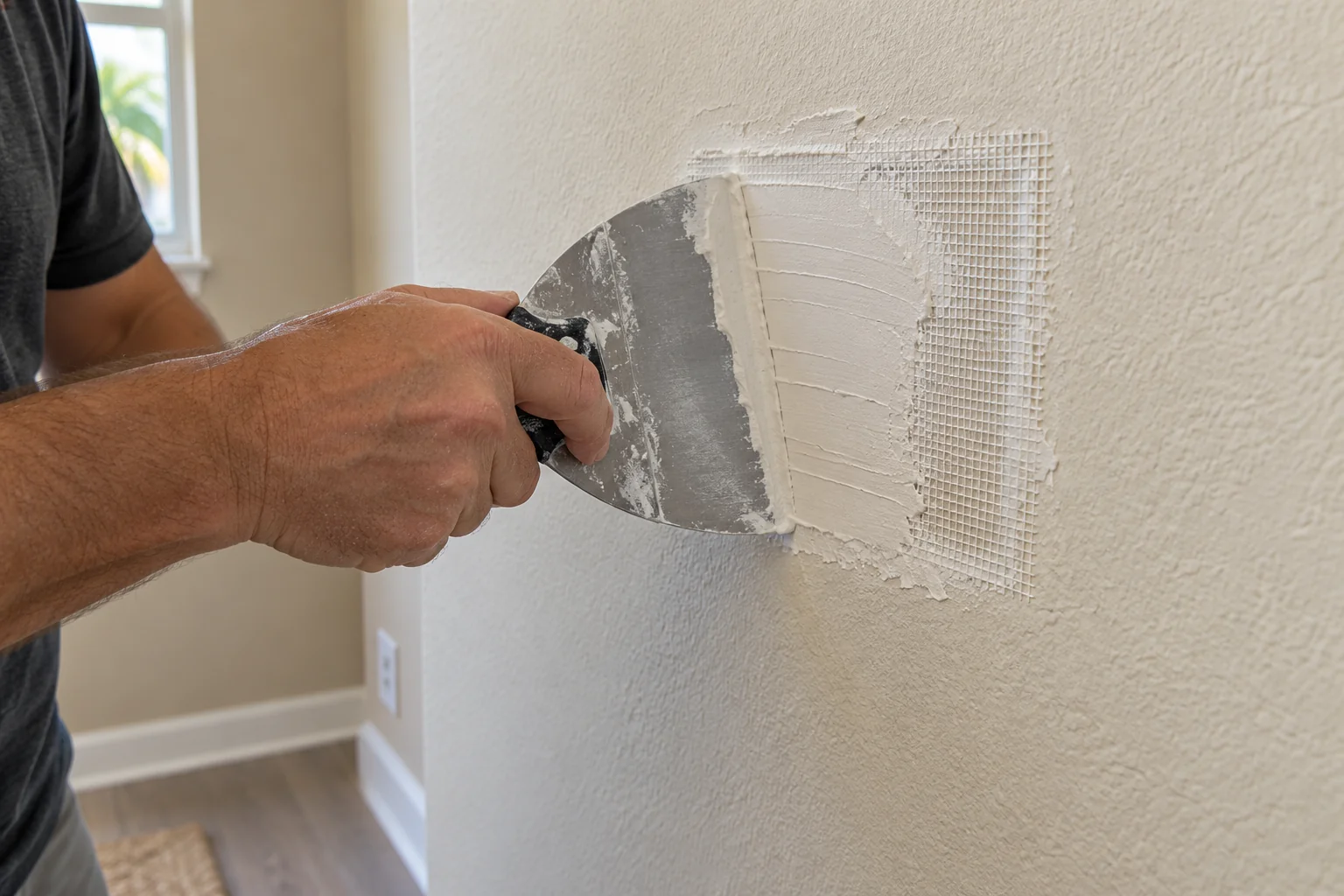 Taping knife feathering joint compound over a mesh wall patch.