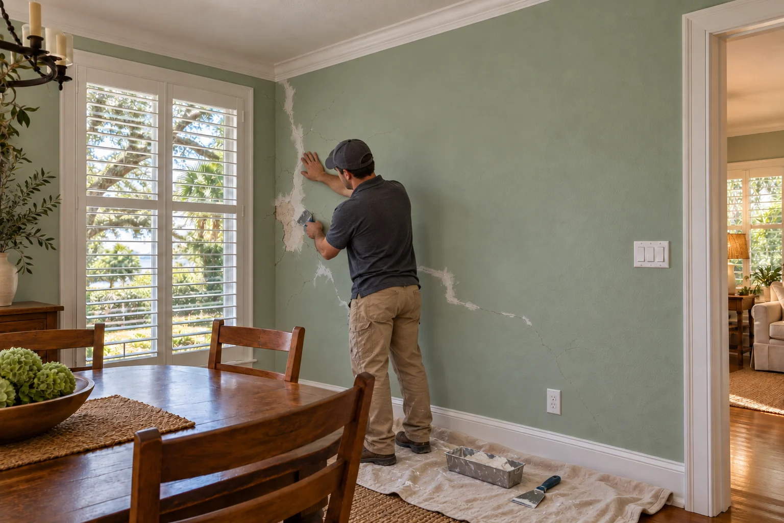 Crew member at work on a dining room plaster wall with cracks and missing plaster near a window.