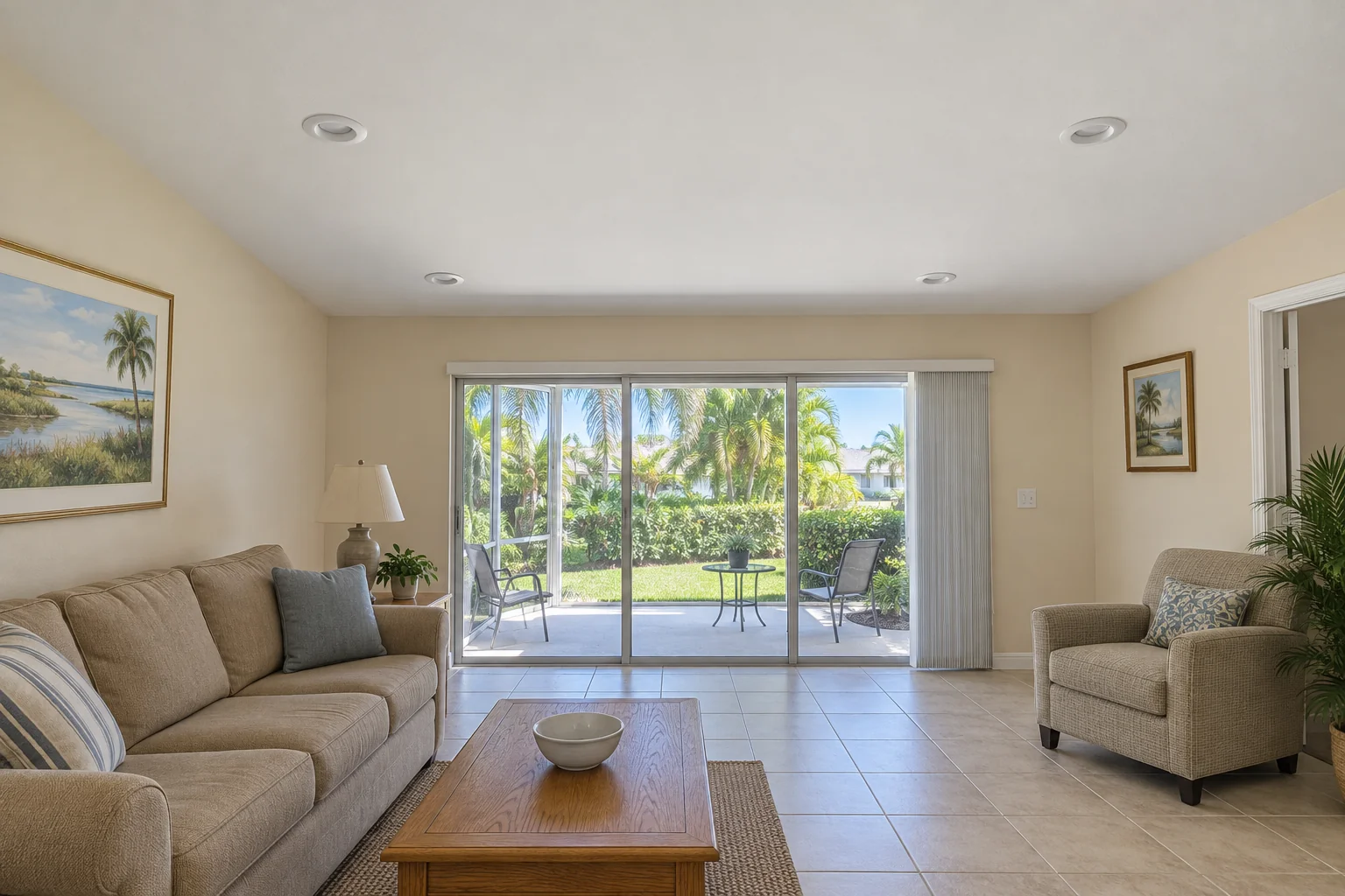 Living room with a smooth white ceiling and recessed lighting.