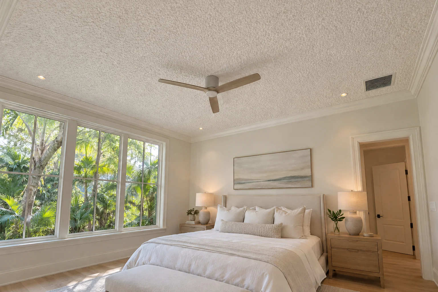 Guest suite ceiling with popcorn texture.