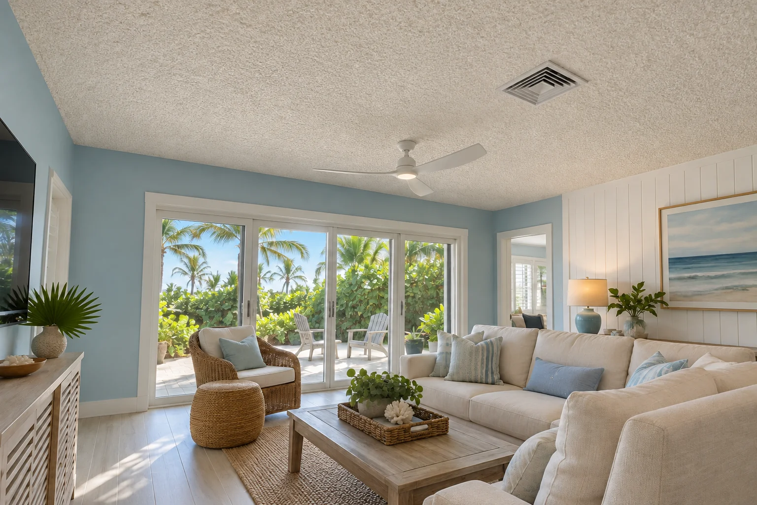 Low cottage living room ceiling with popcorn texture.