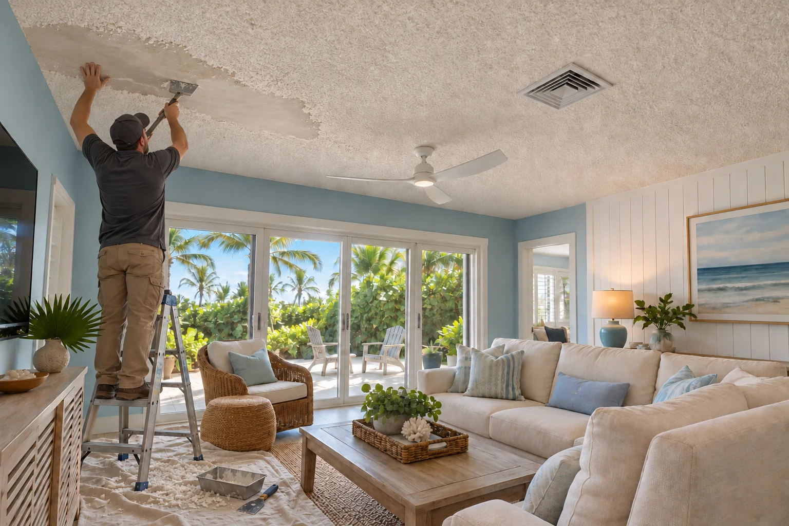 Crew member at work on a low cottage living room ceiling with popcorn texture.