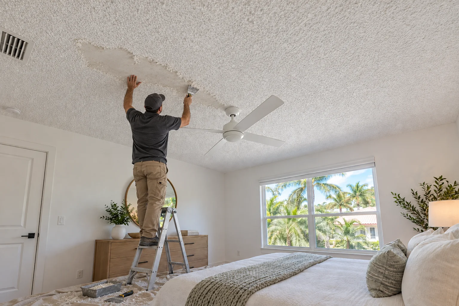 Crew member at work on a second-floor bedroom ceiling with popcorn texture.