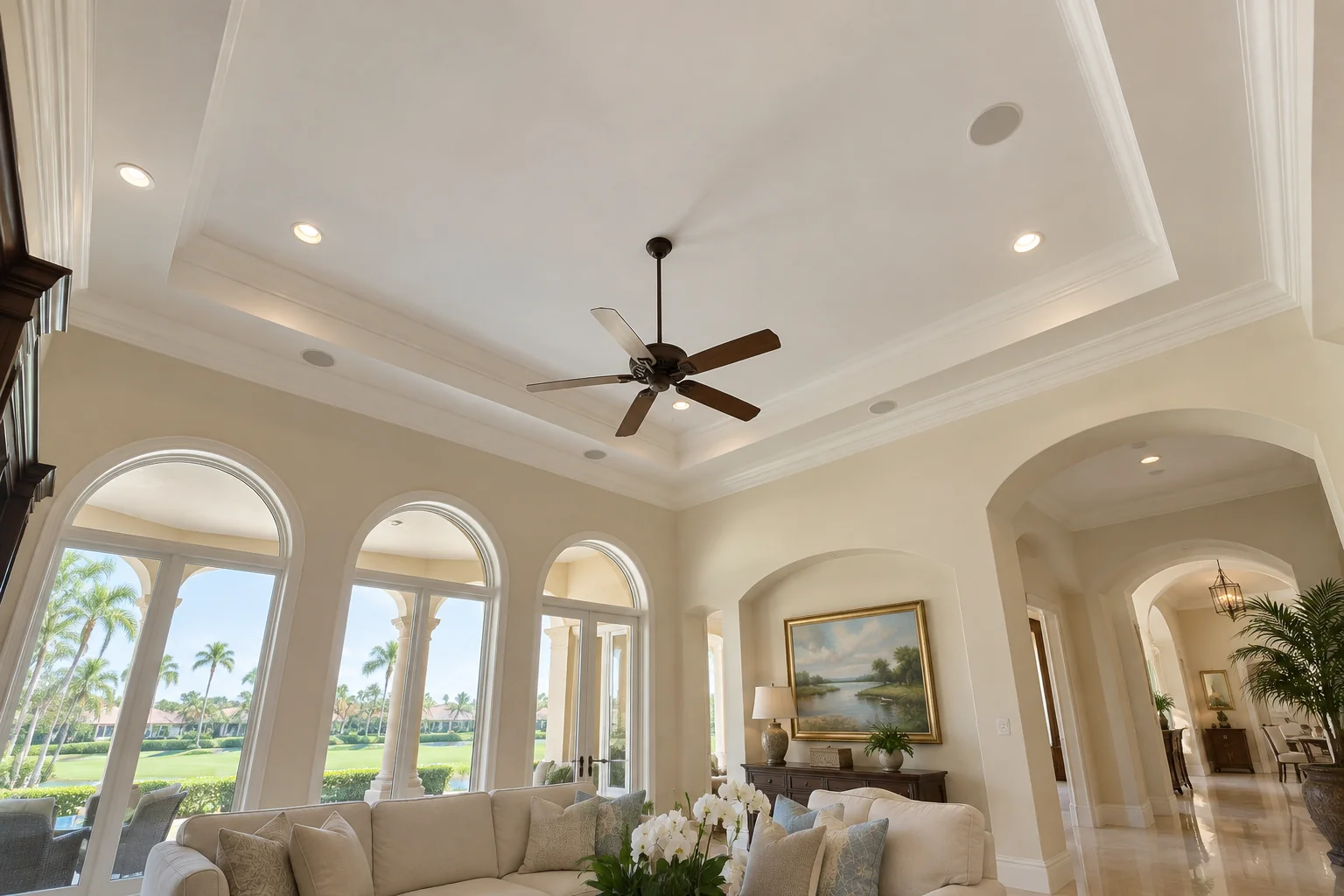 Formal living room with a smooth tray ceiling.