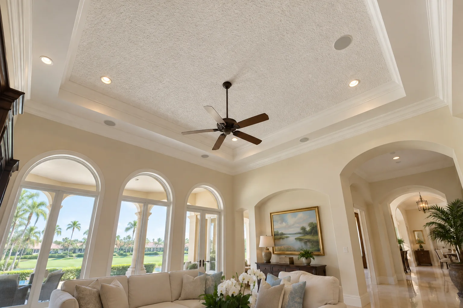 Formal living room with a popcorn-textured tray ceiling.
