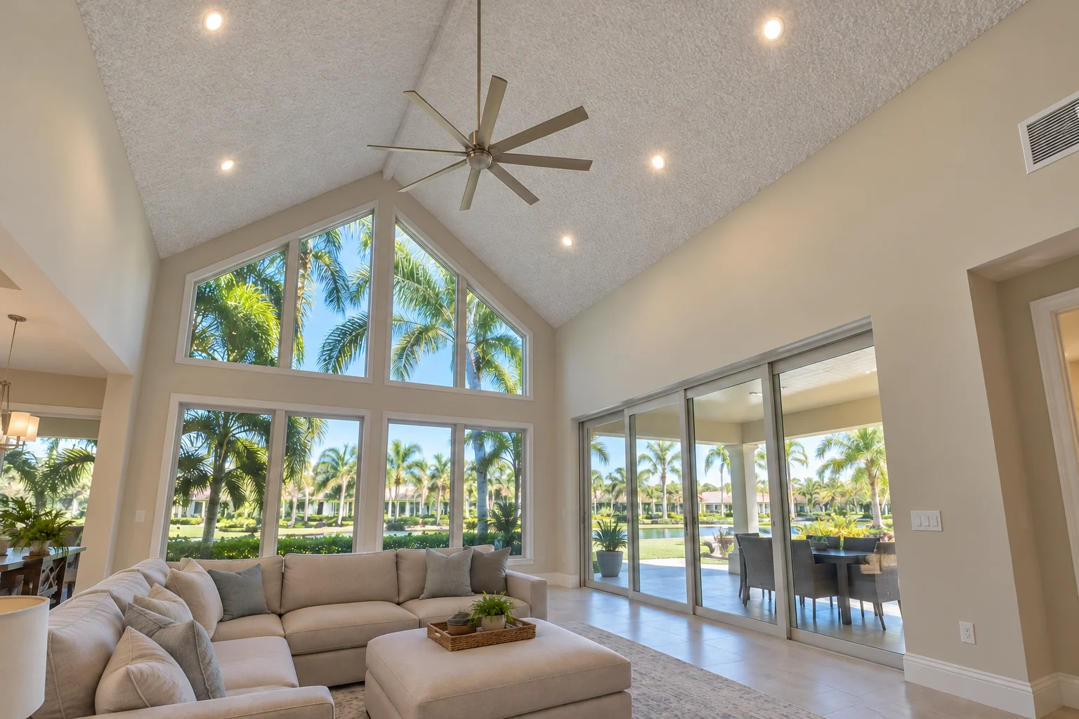 Vaulted family room ceiling with popcorn texture.