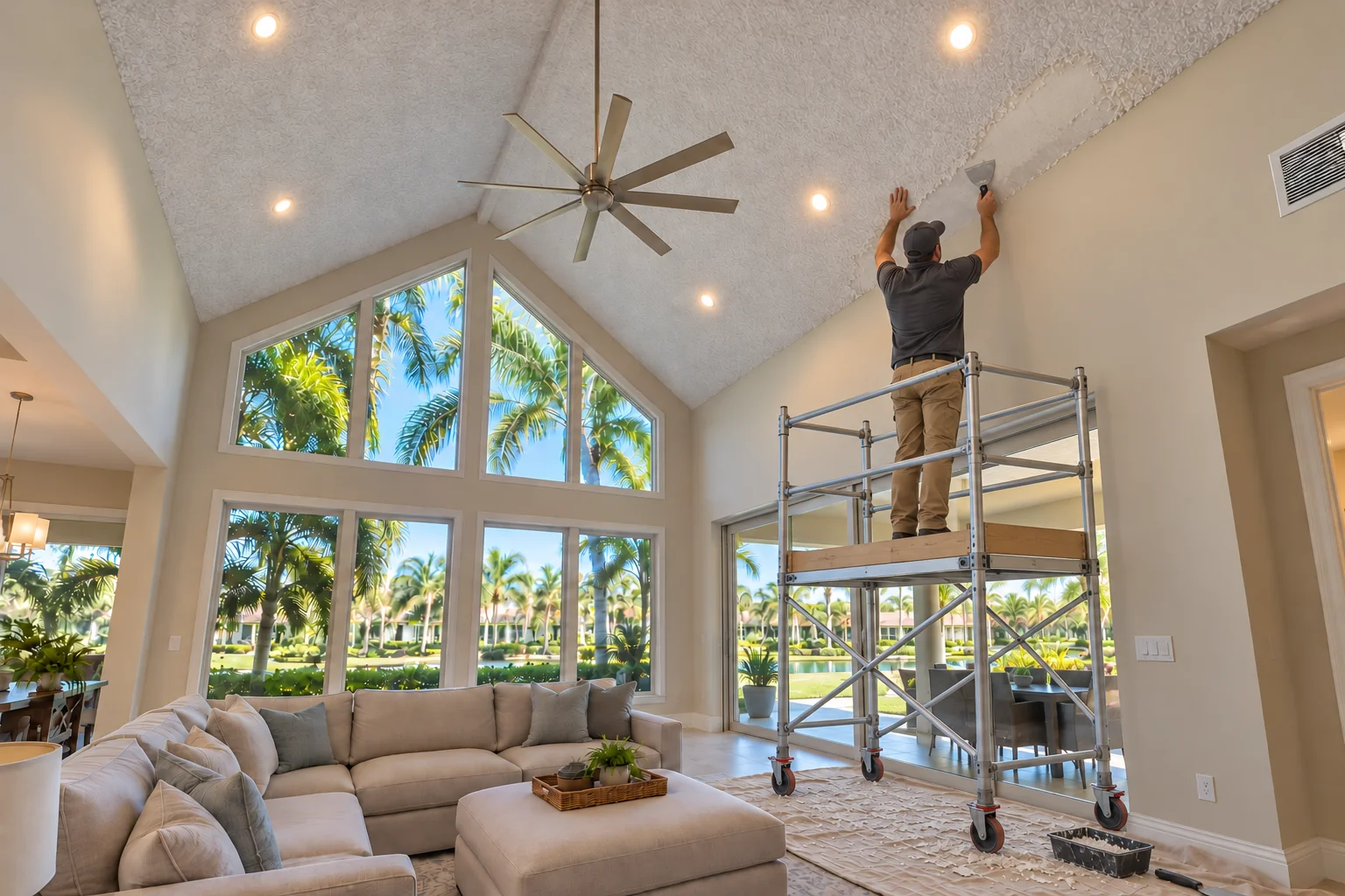 Crew member at work on a vaulted family room ceiling with popcorn texture.