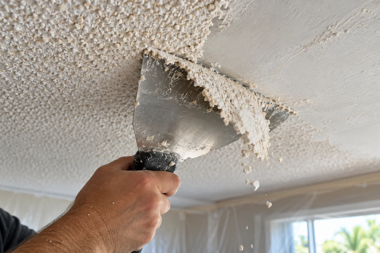 Scraper blade lifting a strip of popcorn ceiling texture.