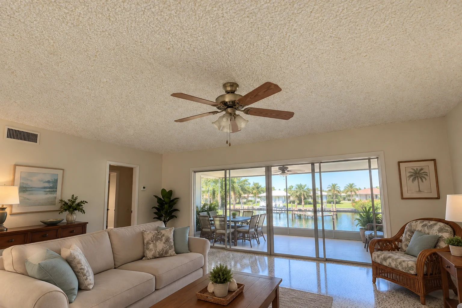 Ranch living room ceiling with heavy popcorn texture.