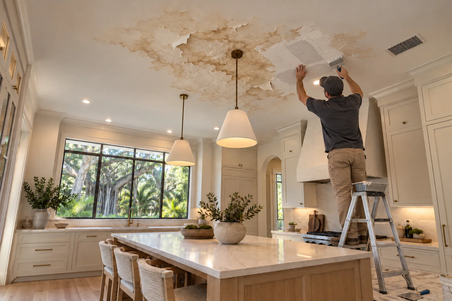 Crew member at work on a kitchen ceiling with a water stain and peeling paint.