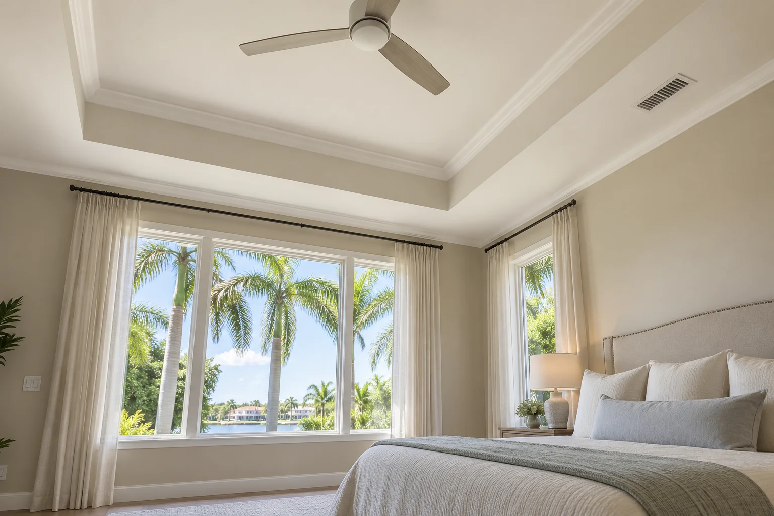 Painted primary bedroom tray ceiling with crisp edges.