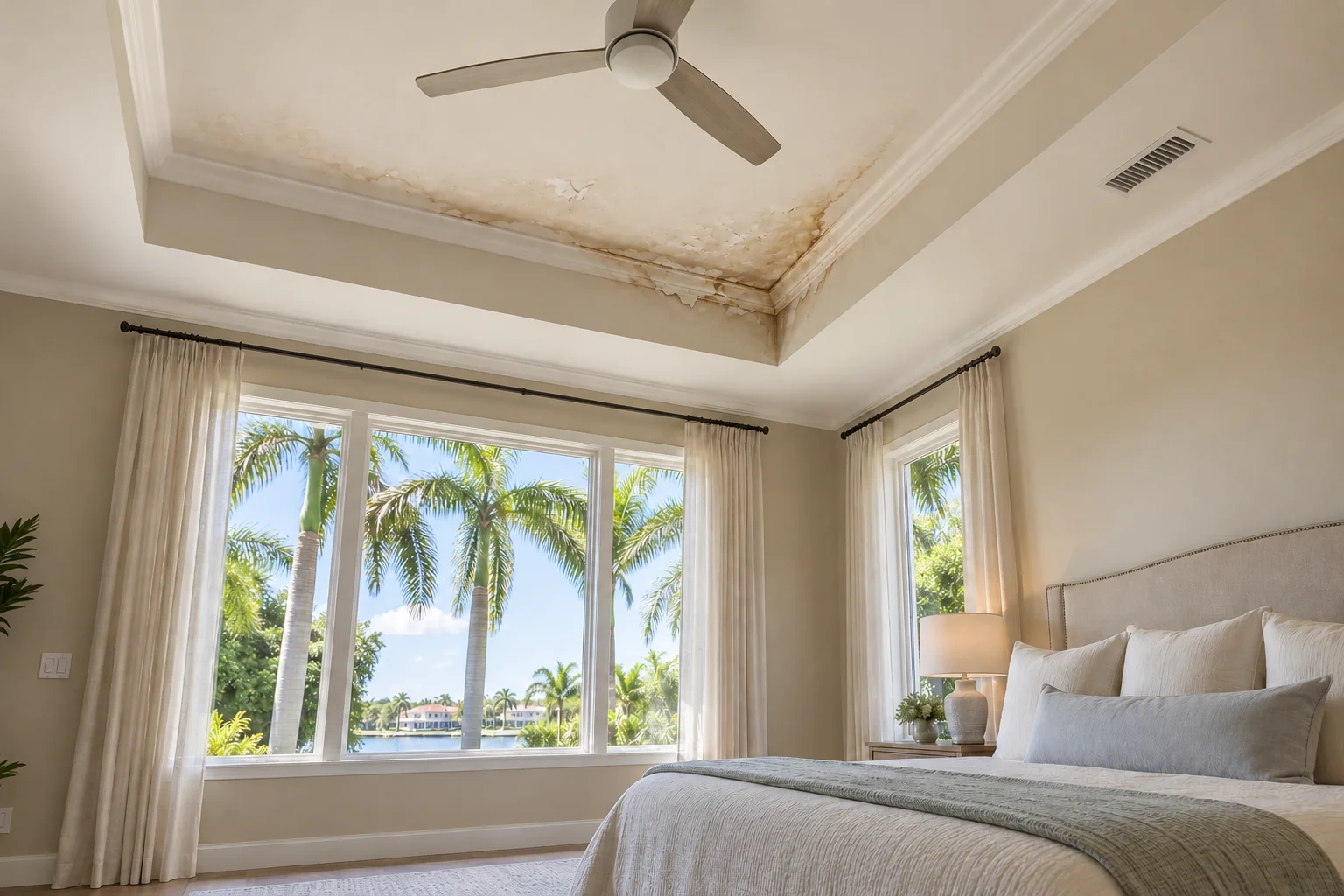 Primary bedroom tray ceiling with staining along its edge.