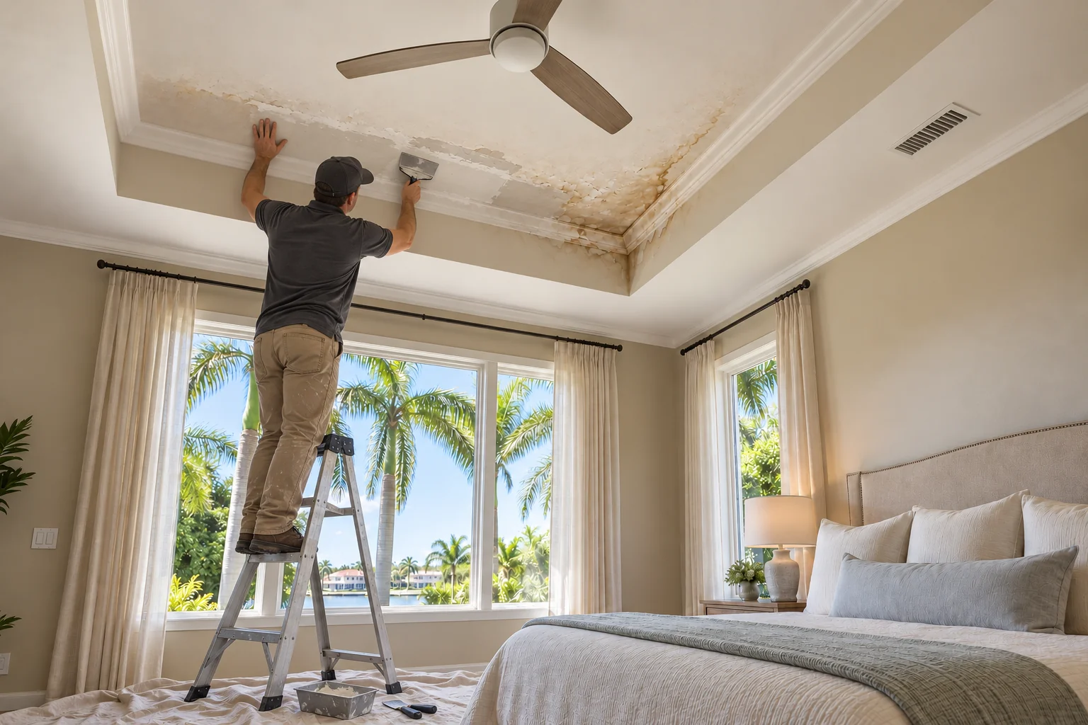 Crew member at work on a primary bedroom tray ceiling with staining along its edge.