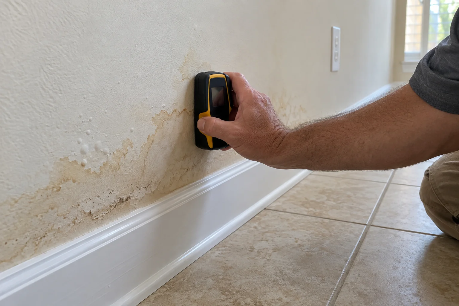 Hand holding a moisture meter against a stained wall near a baseboard.