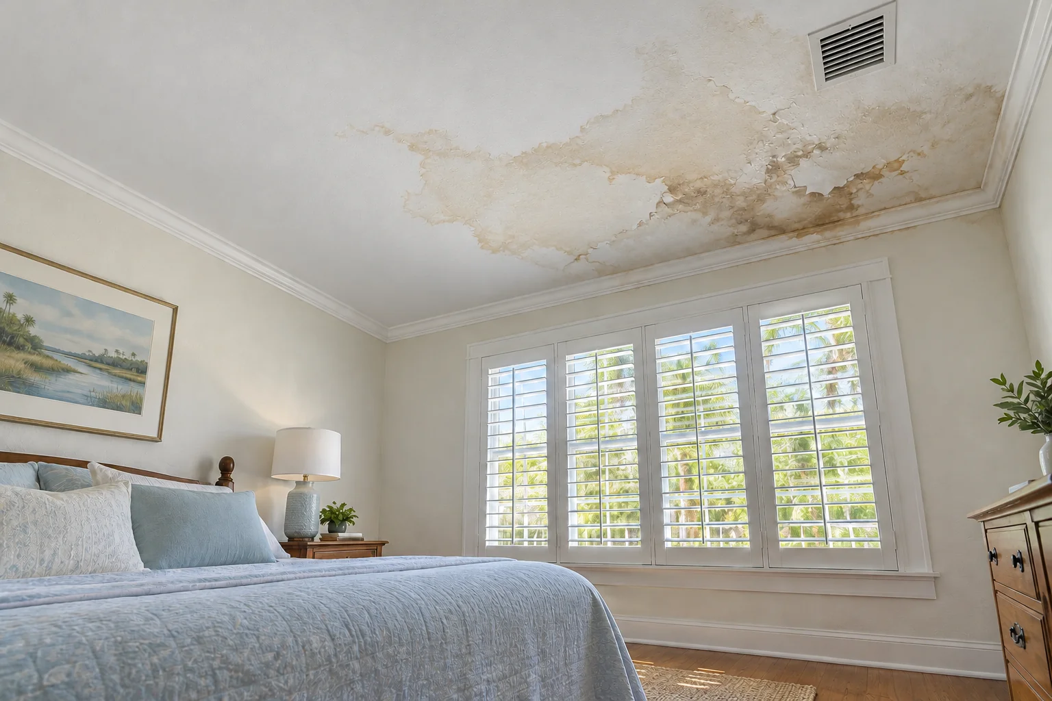 Bedroom ceiling with a brown stain and bubbled paint.