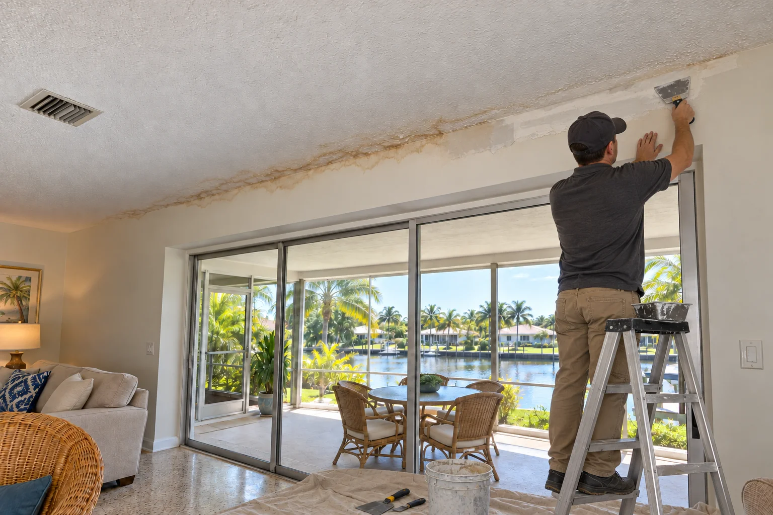 Crew member at work on a ceiling stain above a sliding door to a lanai.